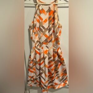 Vince Camuto halter scuba mini dress print orange white pleats party prom  6